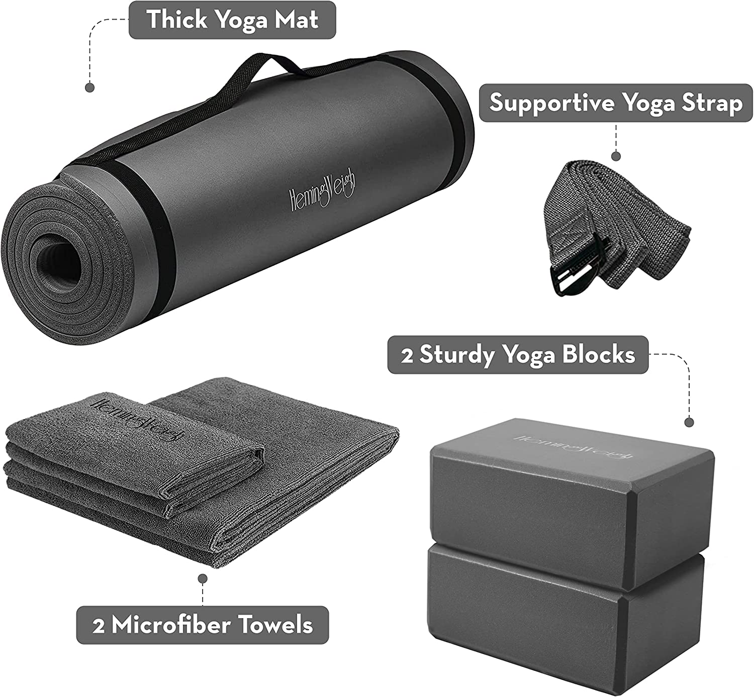 HemingWeigh Yoga Starter Kit for Beginners, 72" Barefoot Exercise Set for Women and Men, Thick Non Slip Yoga Mat, Foam Blocks, Strap, 2 Microfiber